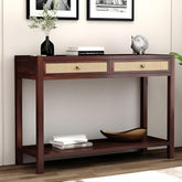 ONIJA Sheesham Wood Ratton Console Table with 2 Drawer and Bottom Shelf Storage Wooden Hallway Furniture for Living Room and Home - WALNUT FINISH